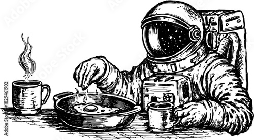 Astronaut enjoying breakfast with coffee and egg. Vintage engraving style vector illustration set.