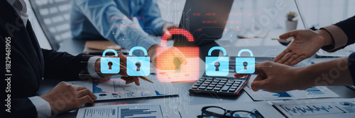 A business meeting is illustrated with a focus on digital security, featuring padlocks and financial documents, emphasizing the importance of data protection in corporate discussions. Trope