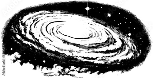 Vintage galaxy illustration featuring a detailed line drawing in black and white. This vector artwork represents the vastness of space in a stylish design set.