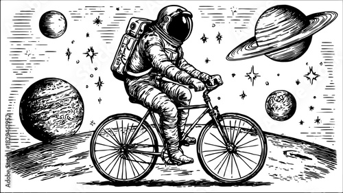 Astronaut riding a bicycle through space. Vintage vector illustration featuring planets and stars in a hand-drawn style.