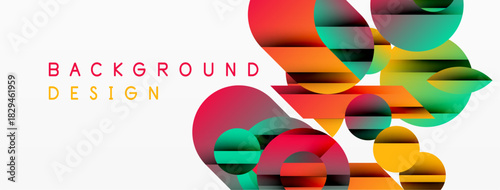 Abstract colorful shapes overlap white space. Dynamic composition creates modern visual effect. Bright hues offer energetic feel.