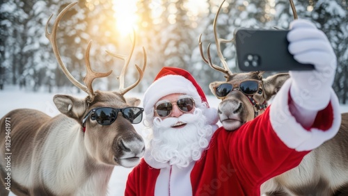 Santa claus and reindeer wearing sunglasses take a selfie in a snowy forest during winter with sun flare