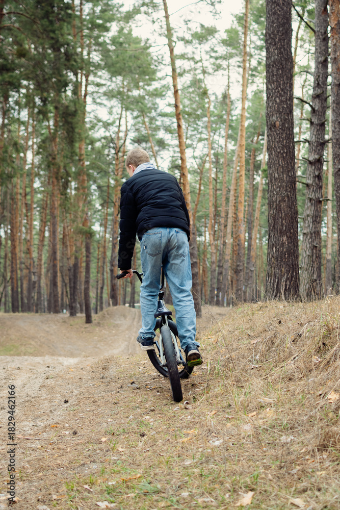 Fototapeta premium Young boy riding a BMX bike uphill on a dirt path through a serene pine forest, viewed from behind. Captures an active, adventurous outdoor moment amidst nature's tranquility.