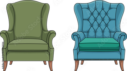 Classic Wingback Armchair Vector Illustration Set Featuring Green and Blue Tufted Upholstery with Nailhead Trim and Detailed High Back Design.