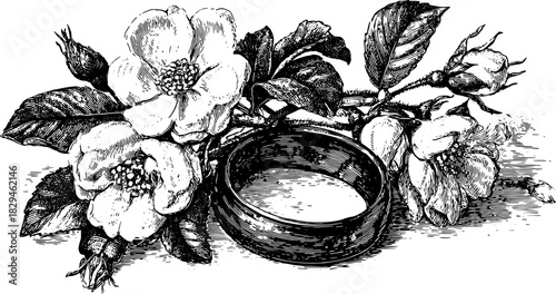 Vintage flower illustration featuring intricate details of blooms and leaves. The monochrome design emphasizes classic botanical elements in a detailed vector format.