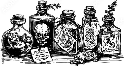 Vintage engraving of a set of bottles featuring a skull and various labeled specimens. Detailed vector illustration showcasing apothecary elements.