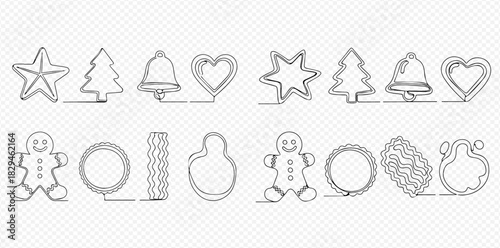 Continuous line art drawing of various holiday and baking cookie cutter shapes including star, Christmas tree, bell, heart, and gingerbread man.
