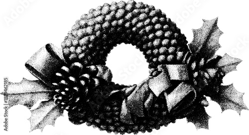 Vintage wreath featuring textured black and white leaves, pine cones, and a ribbon. Classic design in a vector illustration set for decoration.