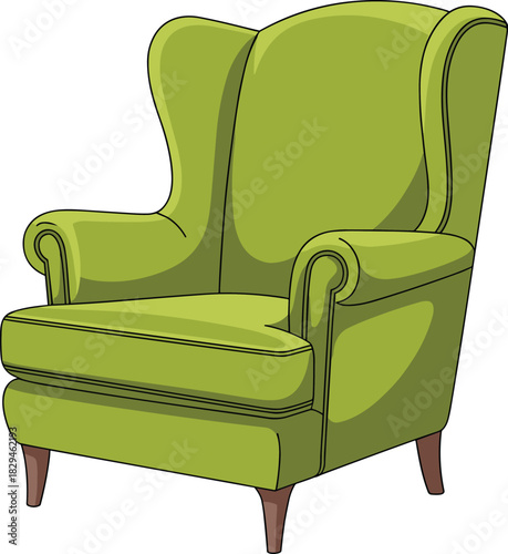 Classic Green Wingback Armchair Vector Illustration Featuring High Back, Upholstery Texture, and Wooden Legs for Cozy Home Interior Design Accent.