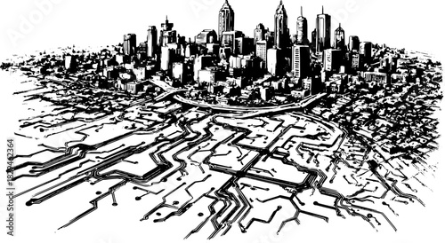 City skyline illustration in black and white. Urban map with geometric outlines in a modern vector design set.