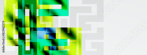 Abstract geometric pattern. Bright greens, blues dominate. Rectangles overlap, creating complex visual texture. Minimalist design.