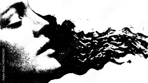 Face of a woman with flowing hair. Digital monochrome vector illustration showcasing graphic style and unique texture.