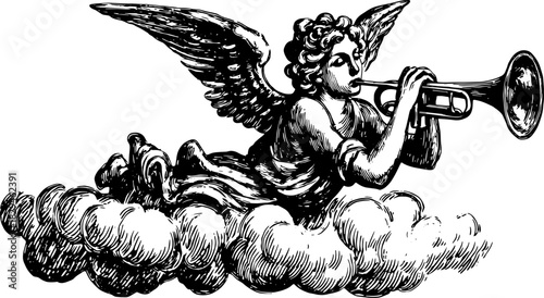 Angel playing a trumpet on a cloud. Vintage black and white vector illustration with intricate details and fine art style.