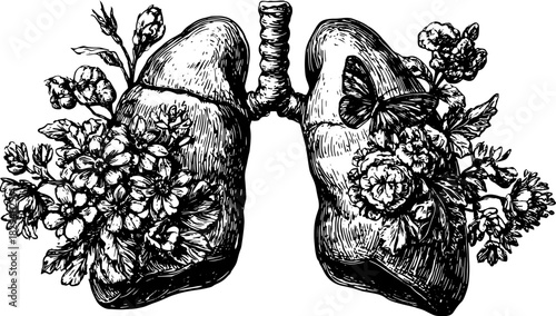 Lungs with flowers and a butterfly in a vintage outline style. Black and white illustration showcasing a unique combination of nature and anatomy in vector format.