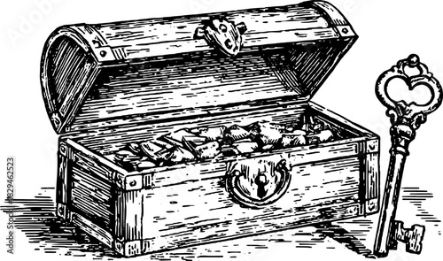 Vintage treasure chest with a key. Detailed black outline engraving set in vector illustration captures historical exploration themes.