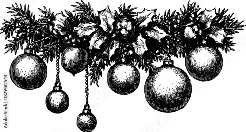 Christmas decorations in a vintage style with hanging balls and holly. This detailed vector illustration captures the essence of the holiday season.