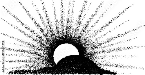 Abstract sun illustration with circular shape and rays extending from the horizon. Simple black and white vector illustration with an aesthetic design.