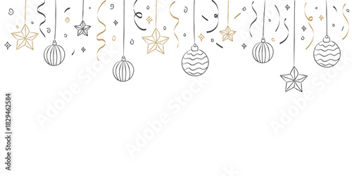 Hand drawn Festive doodle, Minimal line-art ornaments, and stars hang with playful curls and sparkles, creating a clean and festive holiday border. Christmas garland hanging balls, crayon doodle.