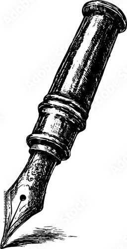 Fountain pen illustration in black and white outline style. Vintage graphic showing a classic writing tool set of vector illustrations.