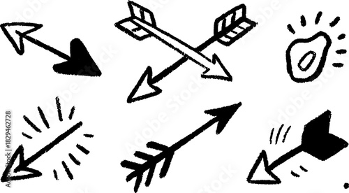 Set of vector arrows in black and white sketch style. Simple directional elements for graphic design illustration.