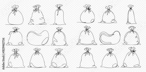 Hand-drawn outline illustrations of various sacks and bags, depicting different shapes and sizes, tied with string, on a transparent background.