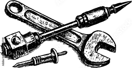 Tool illustration of a wrench, screwdriver, and hammer in black and white sketch style. Vintage toolset vector illustration for repair or construction.