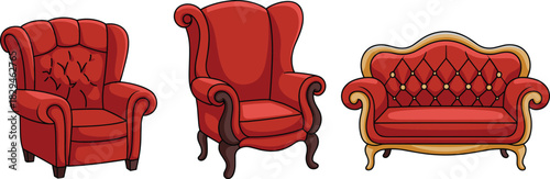 Luxurious Red Tufted Furniture Vector Set Featuring Classic Wingback Armchairs and Victorian Style Sofa for Traditional and Elegant Interior Design.