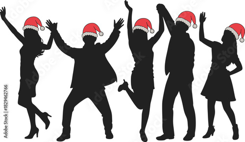 Santa hat silhouettes, dancing figures, festive celebration, editable vector, black icons, Christmas party theme, holiday joy, winter event, cheerful design