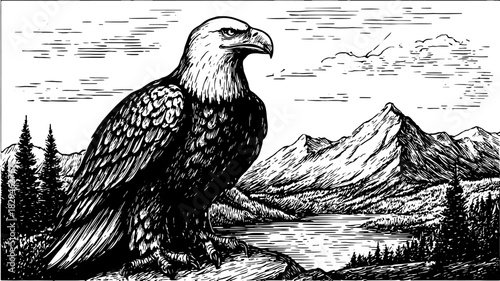 Eagle outlined in black and white, detailed illustration of a natural landscape with mountains, lake, and trees. Vintage vector art set.