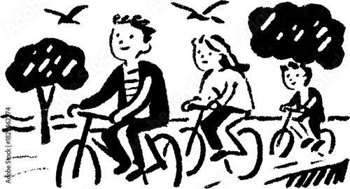 Bicycles with a family cycling outdoors. Simple vector illustration depicting movement in a scenic landscape set.