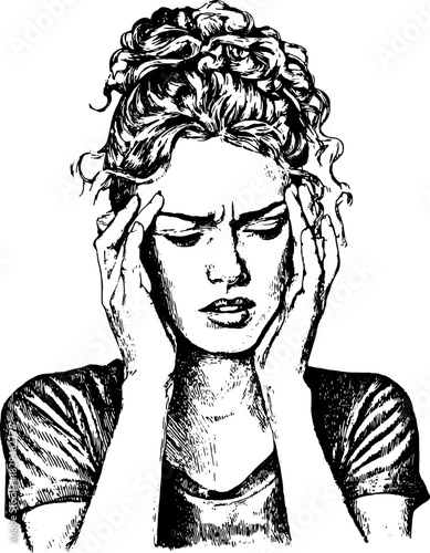 Vintage engraving of a woman expressing stress and angst. This black and white line drawing is a simple vector illustration.