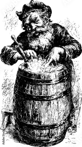 Antique engraving of a craftsman working on a barrel. Detailed line drawing illustrates the man with a beard using tools in a vintage vector illustration.