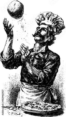 Chef making pizza dough in a vintage engraving style. Hand-drawn illustration showcasing culinary skills in a traditional kitchen set.