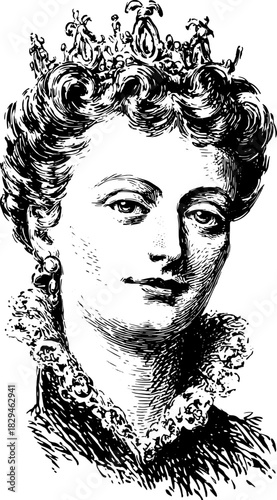 Antique engraving of a female portrait featuring ornate hairstyle and accessories. This black and white vector illustration exhibits classic elegance.