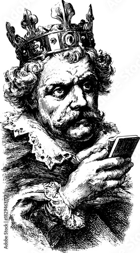 A king silhouette with a detailed crown and elegant clothing. Vintage engraving style vector illustration, showcasing historical character elements.