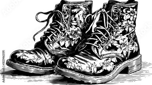 Vintage boots with floral design in hand-drawn engraving style. Detailed vector illustration set emphasizing retro fashion.