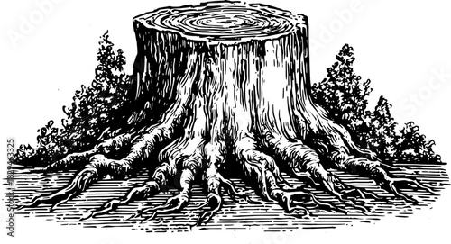 Tree stump with roots and trunk. Black and white vintage vector illustration with textured lines and engraving style.