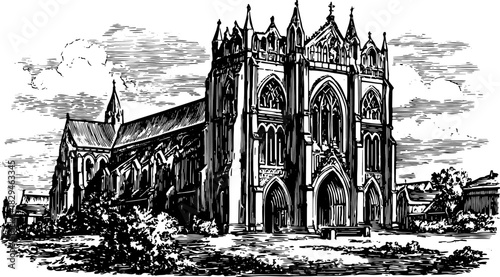 Vintage church illustration in black and white. Detailed outline drawing of gothic architecture in a vector format.