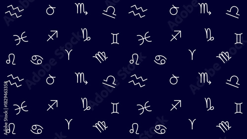 Zodiac pattern featuring white astrological symbols arranged across a deep navy background, creating a mystical and minimal celestial theme suitable for prints, backgrounds, stationery