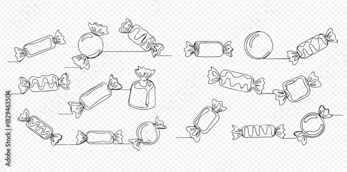 Continuous line art drawing of various wrapped candies and sweets on a transparent background, perfect for confectionery designs.