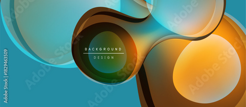 Abstract design features flowing shapes, warm colors, cool blues. Modern graphic element with layered forms, dynamic composition.