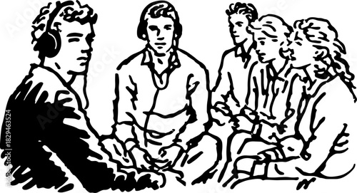 Group of people engaged in listening to music and conversation. Simple black and white vector illustration depicting social interaction.