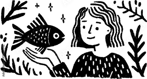 Illustration of a woman holding a fish with floral elements. Simple black and white vector set showcasing a playful character and whimsical style.