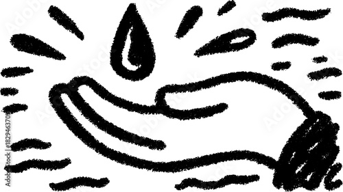 Hand holding a water drop in a drawn style. Simple black and white vector illustration emphasizing resource protection.