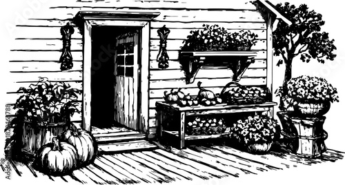 Vintage illustration of a house with a garden set, featuring pumpkins and flowers in pots. This hand-drawn vector design is a black outline.