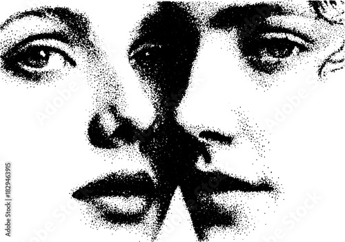 Face portrait combining two human features. Black and white vector illustration with a unique minimal style.