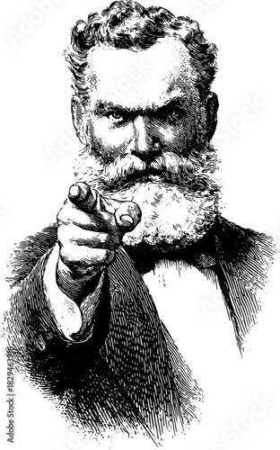 Vintage man with beard in suit pointing forward. Black and white engraving style vector illustration.
