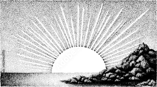 Sun with rays in a scenic monochrome background. This vector illustration features an ocean, stones, and abstract dot texture in a calm setting.