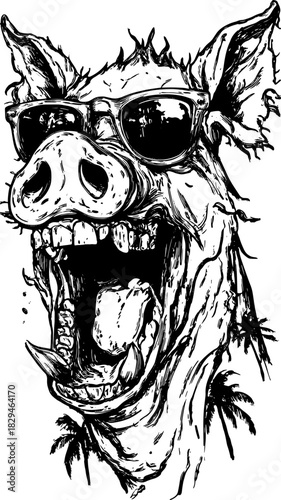 Pig illustration in sunglasses. Black outline vector illustration with hand-drawn texture, featuring a humorous expression in a vintage style set.