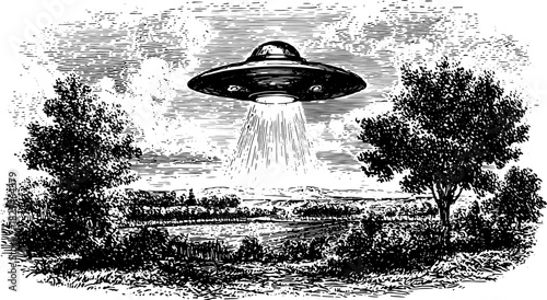 Classic UFO engraving in a natural landscape. Hand-drawn vector illustration features trees, clouds, and a beam of light for a vintage effect.